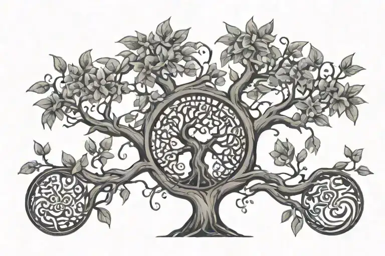 A tree of knowledge tattoo with branches that reach out to different parts of the world, each representing a different skill or passion, all in a black-grey style tattoo design idea