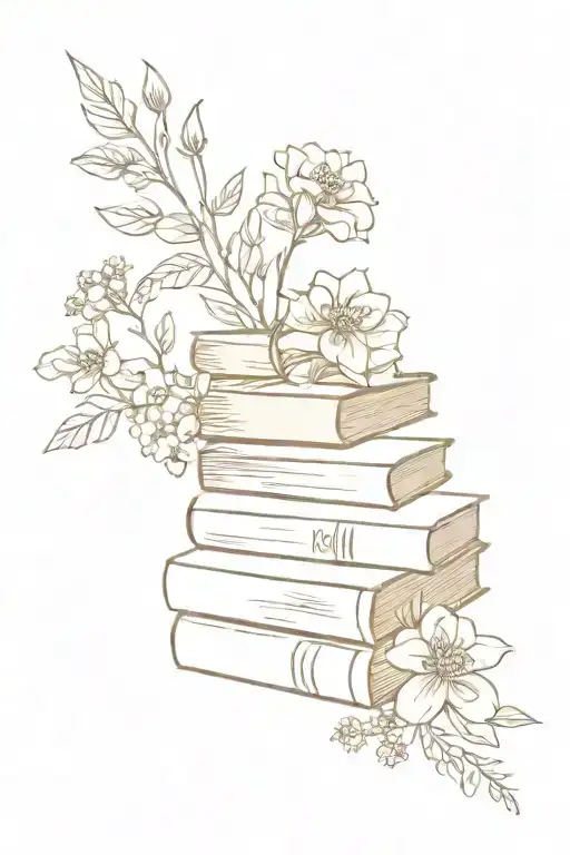 stack of books surrounded by florals and wildflowers tattoo design idea