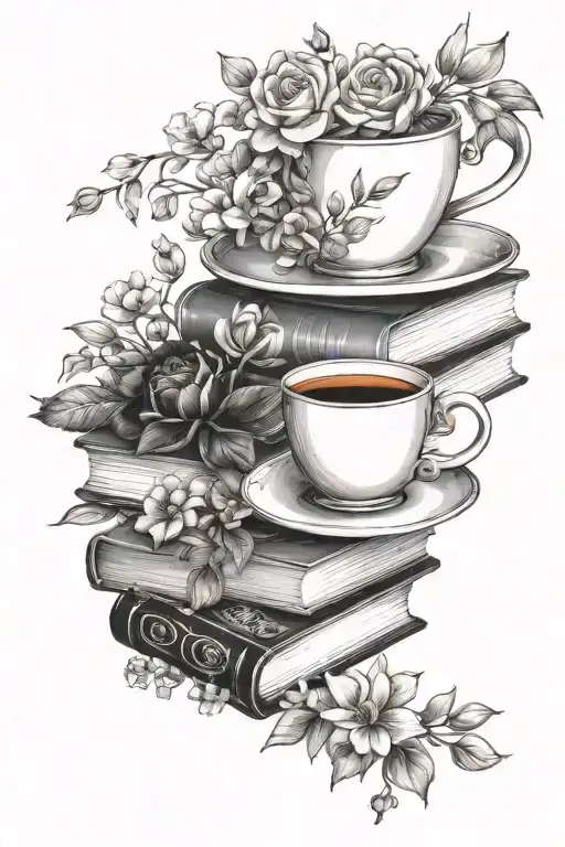 stack of books surrounded by florals with a cup of tea on top tattoo design idea