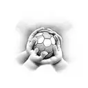 small kid with a ball in the hands together to his father seeing a football stadium tattoo design idea