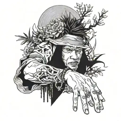 tattoo for arm, on the wrist, eyes of satoru gojo with the pose of fingers, hands of megumi and sukuna tattoo design idea