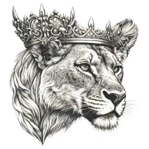 half of lioness with a crown looking straight sword tattoo design idea