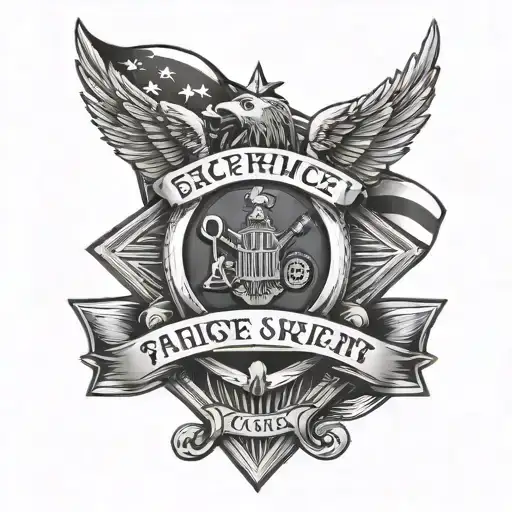Combine the emblems of a police department and a military branch with a quote about service and sacrifice tattoo design idea