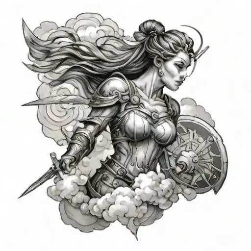 female warrior clouds surrounding tattoo design idea