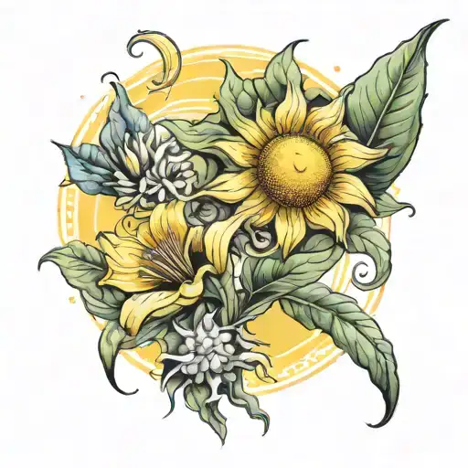 Plantain flower and the sun and moon in one picture tattoo design idea