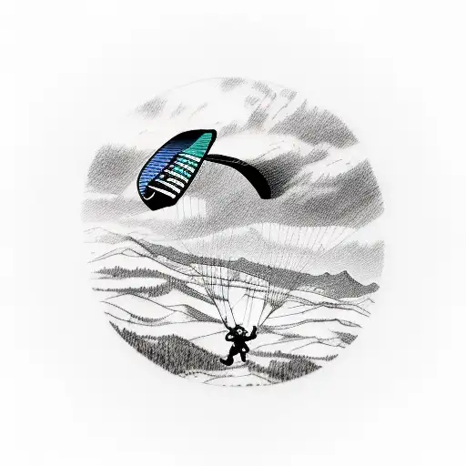 A detailed sketch of a paraglider flying over a mountain range with a running track below tattoo design idea