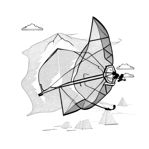 A detailed sketch of a paraglider flying over a mountain range with a running track below tattoo design idea