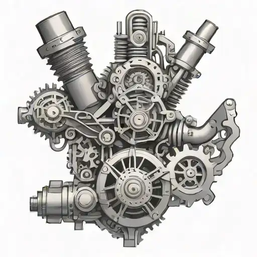 An intricate engine design with geometric patterns inspired by techno music tattoo design idea