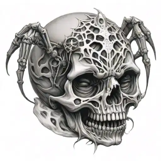 a baby's skull in a graphic image, a spider made in the neo-tribal style crawls out of this baby's neck tattoo design idea