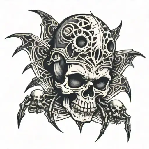 a baby's skull in a graphic image, a spider made in the neo-tribal style crawls out of this baby's neck tattoo design idea