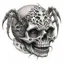 a baby's skull in a graphic image, a spider made in the neo-tribal style crawls out of this baby's neck tattoo design idea