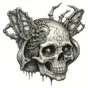 a baby's skull in a graphic image, a spider made in the neo-tribal style crawls out of this baby's neck tattoo design idea