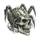 a baby's skull in a graphic image, a spider made in the neo-tribal style crawls out of this baby's neck tattoo design idea