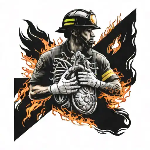 firefighter battling flames with bio mech heart in chest tattoo design idea