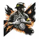 firefighter battling flames with bio mech heart in chest tattoo design idea