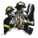 firefighter battling flames with bio mech heart in chest tattoo design idea