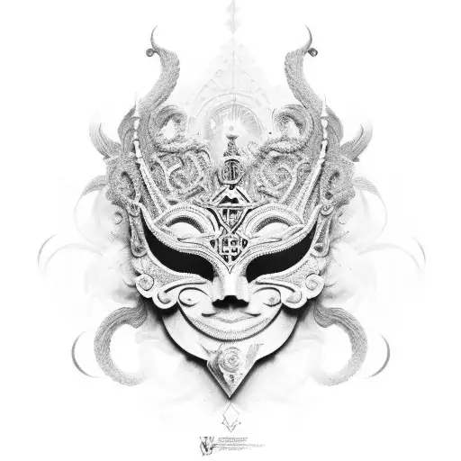 Intricate Venetian mask surrounded by occult symbols tattoo design idea