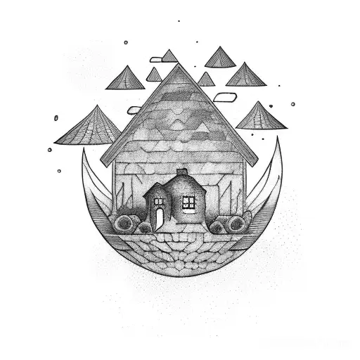 avocado, a house, and a stream tattoo design idea