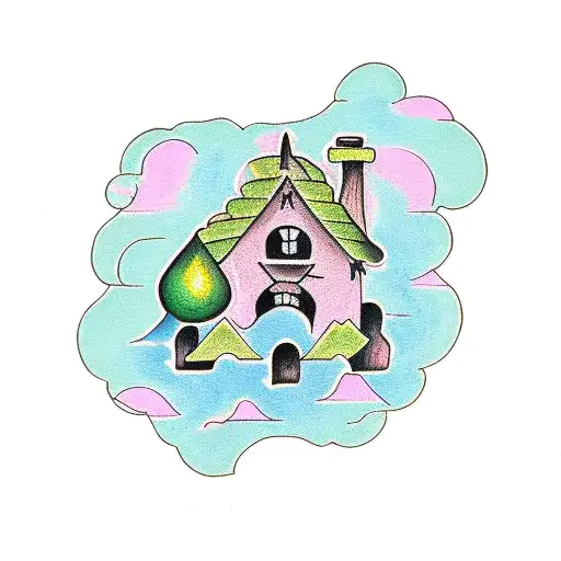 avocado, a house, and a stream tattoo design idea