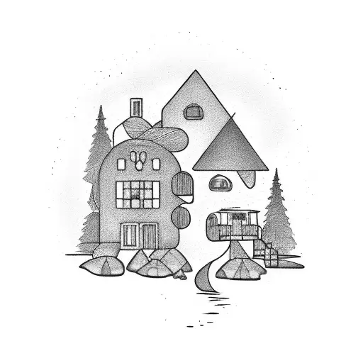 avocado, a house, and a stream tattoo design idea