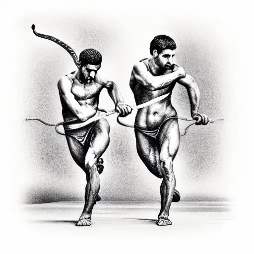 two ancient greek twin athletes holding a snake in their hands below 29/05/2001 tattoo design idea
