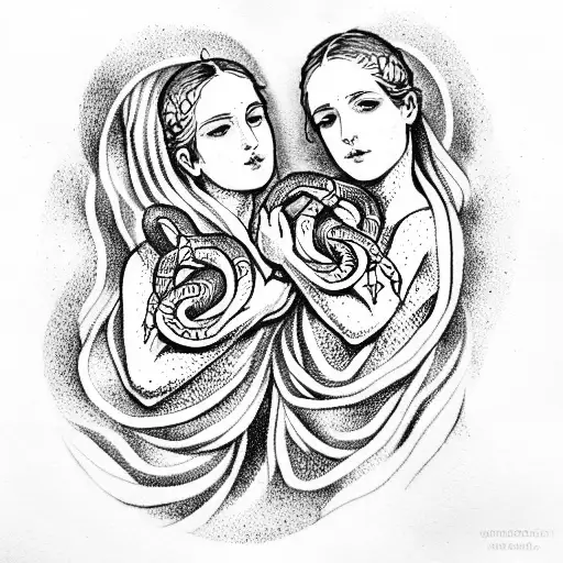two ancient greek twins holding a snake in their hands tattoo design idea