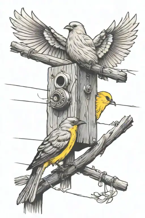 telephone pole and yellow bird perched tattoo design idea