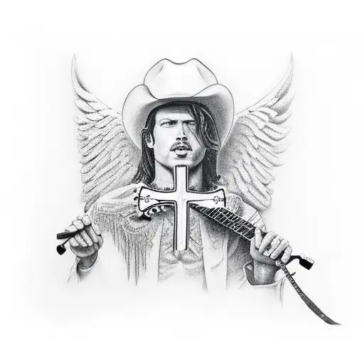 guitar, cross, cowboy hat, angel wings  tattoo design idea