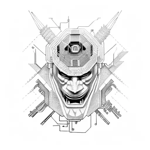 Cyberpunk-inspired hannya mask with circuit board patterns tattoo design idea