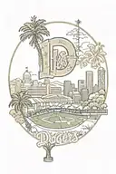 Block LA Dodgers logo with scenes of Los Angeles within the lettering tattoo design idea