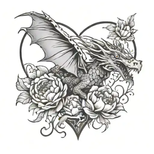 scattered puzzle pieces with dragon flying, heart shaped rocks and peony  tattoo design idea