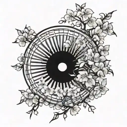 fan surrounded by cherry blossoms tattoo design idea