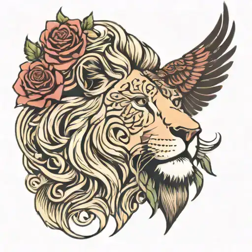 lion head, rose growing, Jesus Christ, bird wings spread wide, tribal tattoo design idea