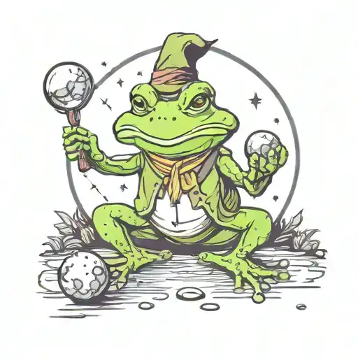 frog wizard casting a spell crystal ball magic wand  tattoo design idea