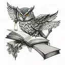 A wise owl reading a medical textbook under a glowing hospital light tattoo design idea