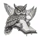 A wise owl reading a medical textbook under a glowing hospital light tattoo design idea