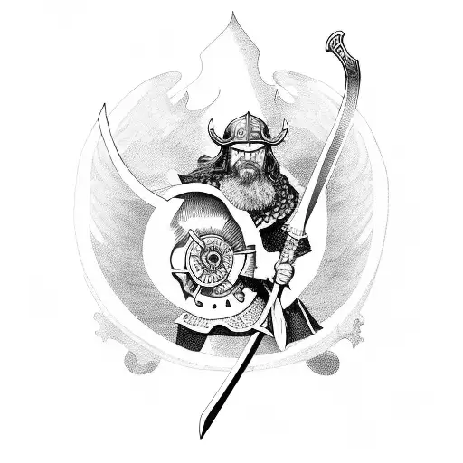 A scholarly Viking warrior wielding a sword and surrounded by angels on a stormy sea tattoo design idea