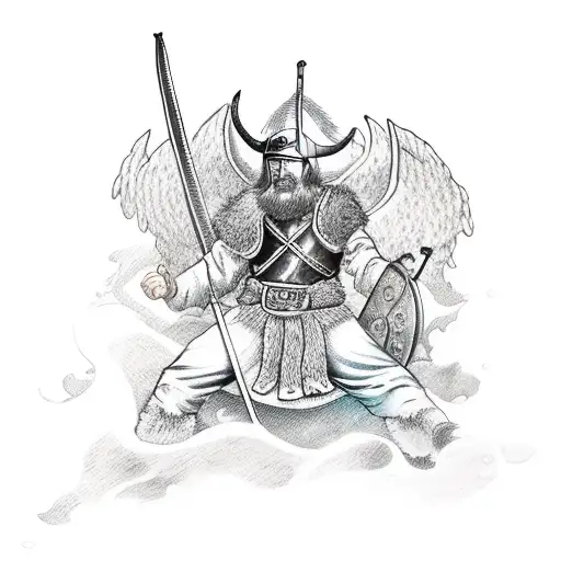 A scholarly Viking warrior wielding a sword and surrounded by angels on a stormy sea tattoo design idea