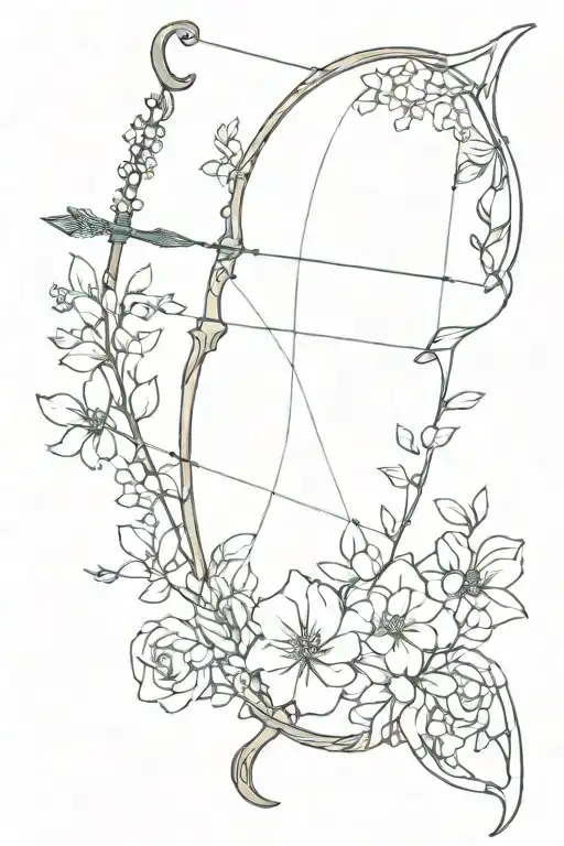 taut bow and arrow. the bow is covered in vines and flowers tattoo design idea