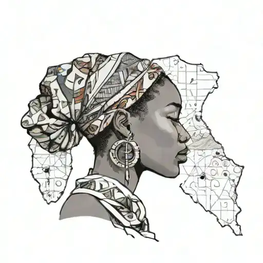 a side-profile of a black woman wearing a scarf and embedded in a sketch of the continent of Africa tattoo design idea