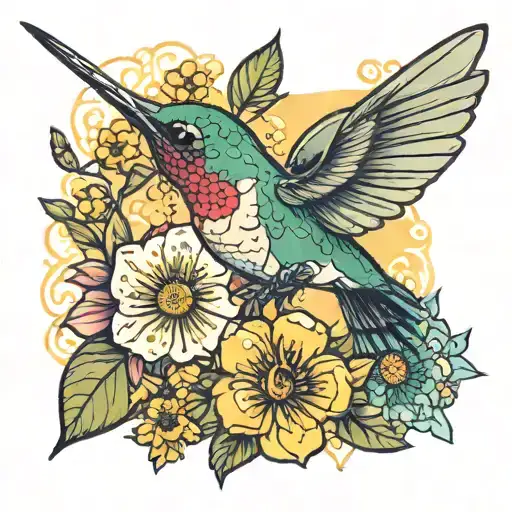 hummingbird with bee and unicorn tattoo design idea