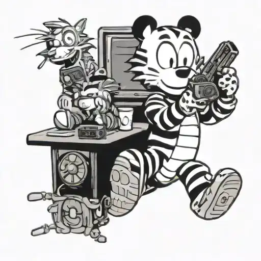 A whimsical tattoo featuring Calvin and Hobbes playing video games together tattoo design idea