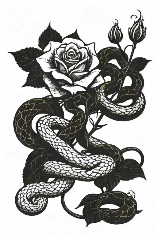 A rose bush intertwined with a snake, symbolizing the balance between beauty and danger tattoo design idea