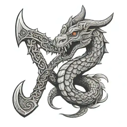 A sea serpent intertwined with a Viking axe, representing power and mystery tattoo design idea