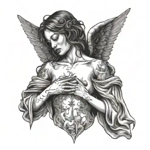 female angel seen from the front with her insides torn open and her wings at rest tattoo design idea