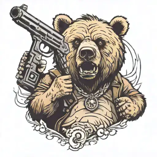 a bear with a gun in a mouth open looking forward tattoo design idea