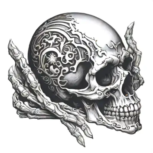 skull with hands covering face tattoo design idea