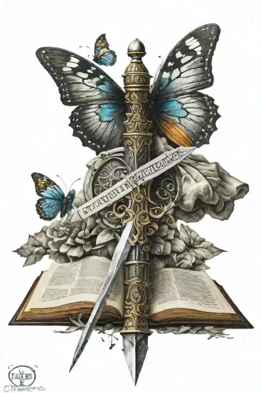 sword in a stone with butterflies on the hilt and a bible verse on the stone tattoo design idea