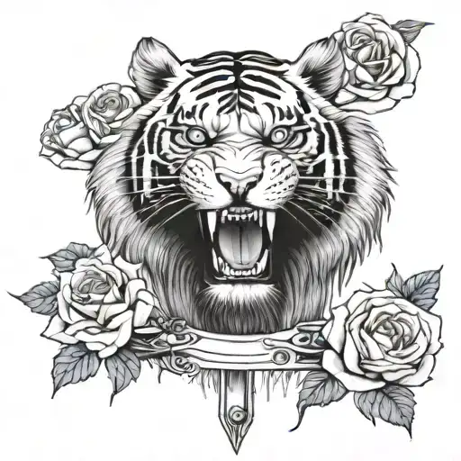 big tiger surrounded with a sword and has blue eyes and wrapped around fully with roses tattoo design idea