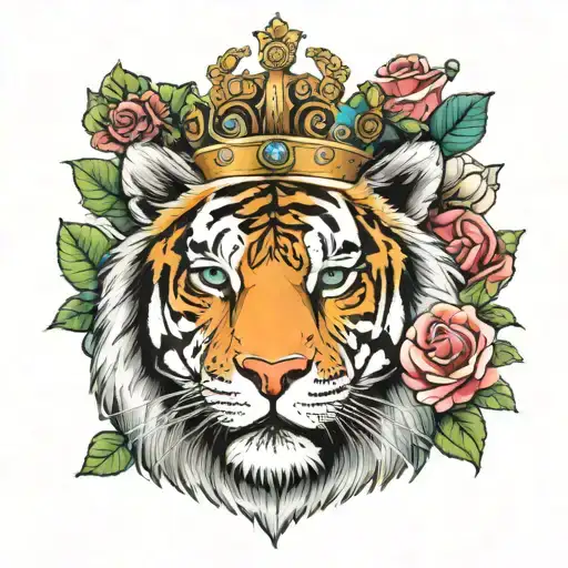 A Big crown a tiger with blue eyes wrapped around with rosses and Angeles   tattoo design idea